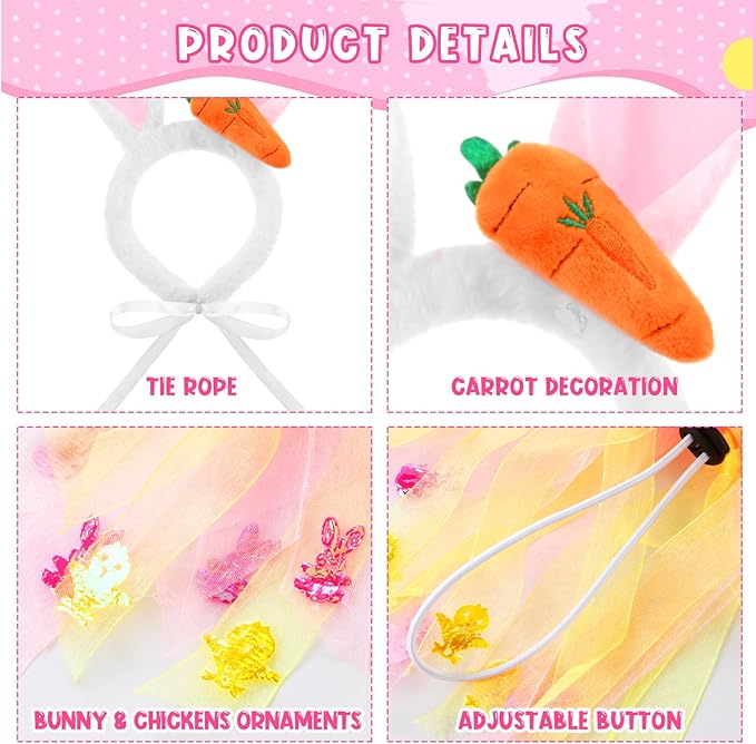 6 Pcs Adjustable Dog Easter Costumes Include Bunny Ears and Chick Headband Dog Bandana Easter Collar Tulle Tutu for Small Medium Pet Birthday Holiday Party Accessories