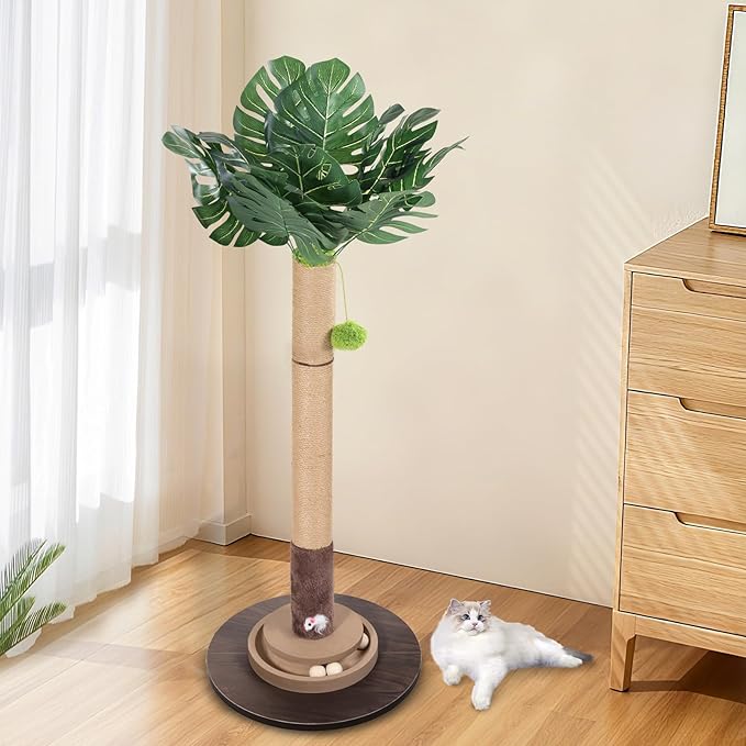 Cat Scratching Post, 35 Inch Tall Cat Scratcher Cat Tree Tower with Hanging Ball for Indoor Cats Adults,Monstera Sisal Rope Kitten Scratch with Interactive Mouse Cat Toy
