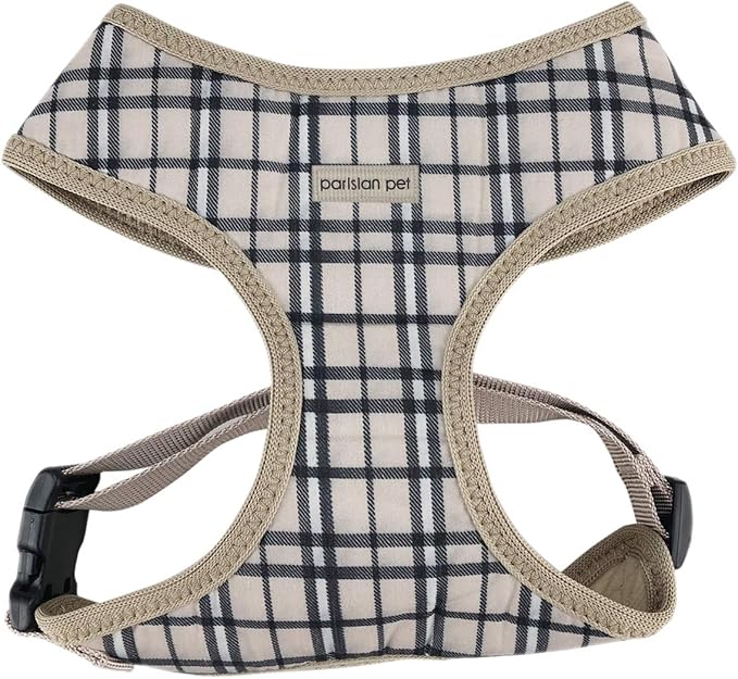 Parisian Pet Dog Harness - Adjustable Plaid Khaki Dog Vest Harness - 100% Mesh Fabric No Pull Puppy Harness - Cooling Dog Harness for Large Dogs - Idle for Walking, Running, and Hiking - XL