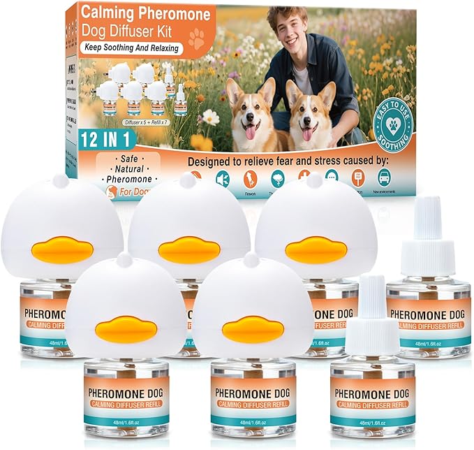 Dog Calming Pheromones Diffuser to Calm Pet 12 in 1 Advanced Kit Appeasing Pheromone for Anxiety Relief (5 Plug in+7 Pack 48ml Refill) Reduce Aggression Fighting Barking Stress (Peach
