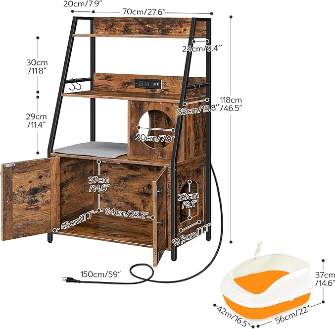HOOBRO Litter Box Enclosure with 2 Storage Shelves, Tall Litter Box Furniture Hidden with Charging Station, Indoor Hidden Litter Box Furniture with Plush Mat, Rustic Brown and Black BF70UMW01