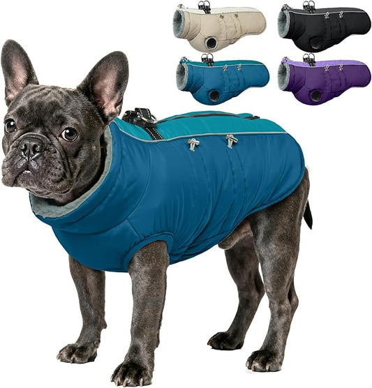 IDOMIK Warm Dog Coat with Harness, Waterproof Reflective Dog Jackets for Small Medium Large Dogs, Fleece High Collar Winter Jacket with Zipper, Pet Winter Snowsuit Clothes for Cold Weather,Blue L