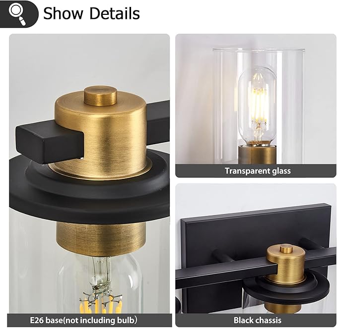 5 Light Bathroom Vanity Light, Black and Gold Bathroom Light Fixtures, Sconces Wall Lighting with Clear Glass Shade, Modern Brushed Gold Vanity Lighting fixtures for Bathroom, Bedroom, Hallway