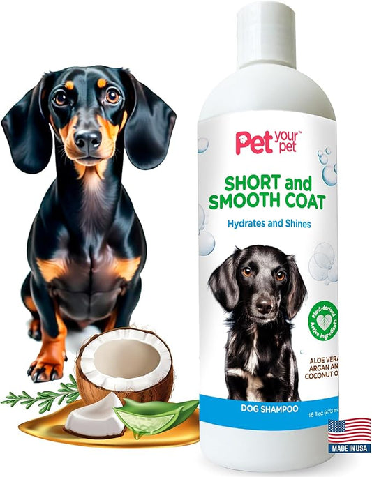 Natural Dog Shampoo for Short Coats – Hydrating Wash with Aloe, Argan & Coconut Oil – Deodorizing for Dachshunds, French Bulldogs & Boxers, Labrador Retriever – 16 oz
