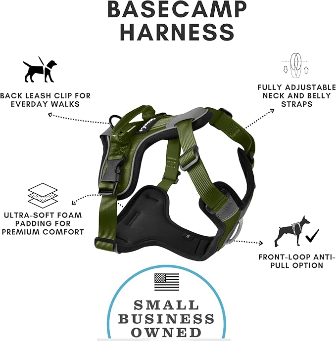 ShawnCo Basecamp Dog Harness, No-Pull Pet Vest with 3 Leash Clips, Padded, Reflective, Lightweight and Adjustable Harness with Handle for Small, Medium and Large Dogs (Olive Green, XS)