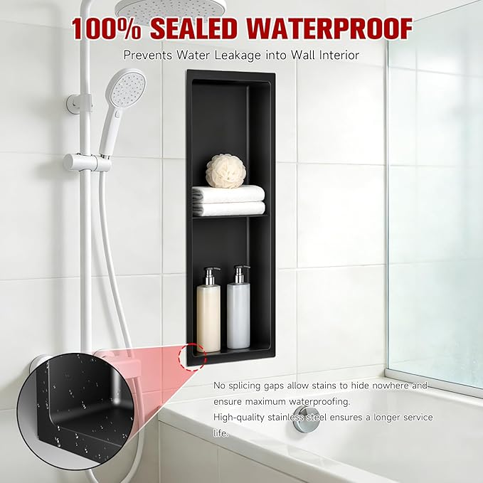No Tile Needed Shower Niche 9"X 25", Bathroom Wall Niche Double Shelves, Stainless Steel Shower Niche for Bathroom, Kitchens, Balconies