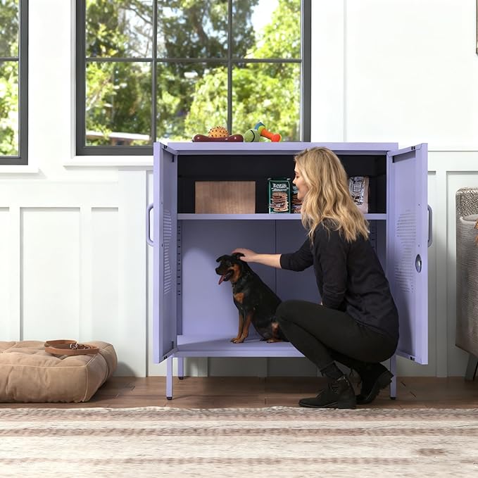 2 Door Dog House Multifunctional Storage Cabinet with Lockable Pet Enclosure and Adjustable Shelf Indoor Outdoor Storage for Dog Food and Miscellaneous Items Purple Size: 33"H x 29.5"W x 19.7"D