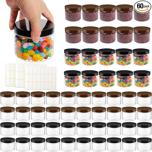 60 Pcs 10 oz Clear Plastic Jars Containers Cylinder Round Containers Airtight Screw Wide Mouth Storage Jars with Lids for Food Kitchen Honey Butter Cosmetics(Black,Brown)