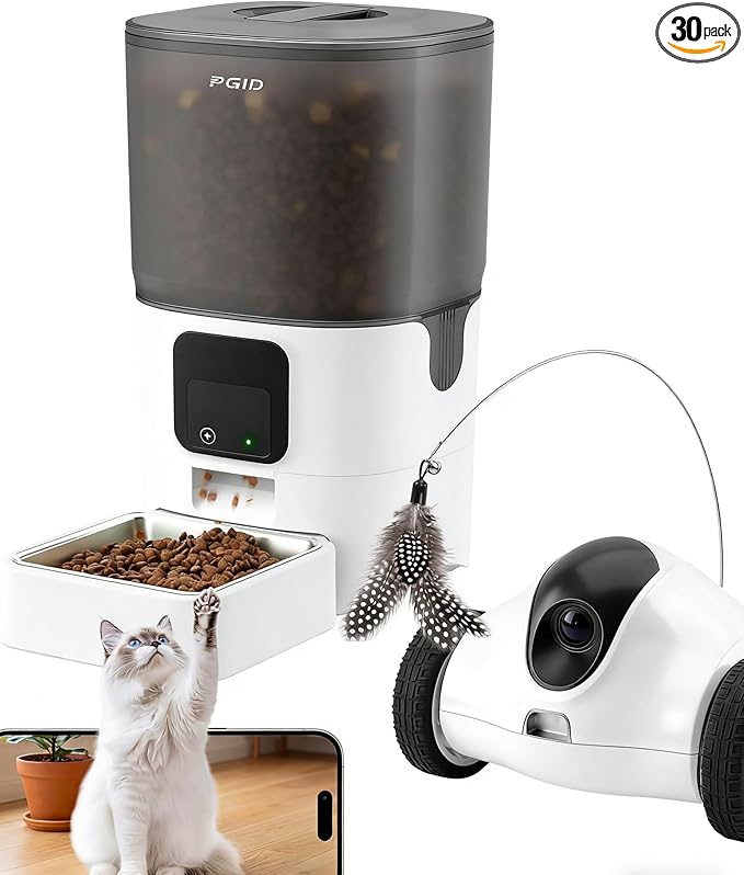 Pet Compainion Robot on Wheels,Distance App Control,Movable Security Camera with 2-Way Talk,Night Vision Pet Robot & Automatic Cat Feeder,with 6L Automatic Cat Feeder with Camera