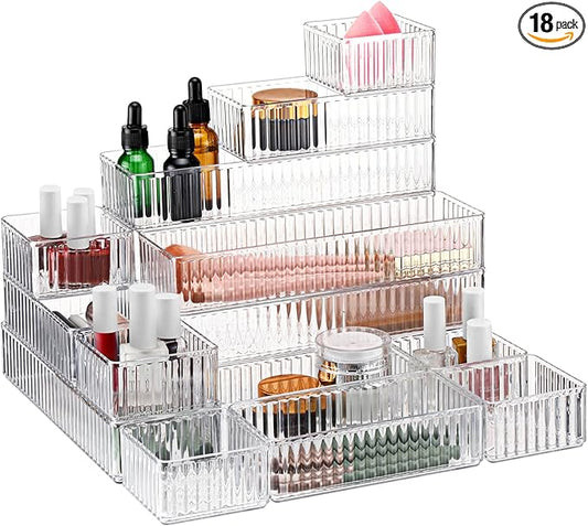 18 Pcs Drawer Organizer Stackable 4 Size Makeup Drawer Organizer Trays Acrylic Bathroom Vanity Storage Bins for Cosmetic, Jewelries, Office Supply, Kitchen Utensils(Clear,Stripes)