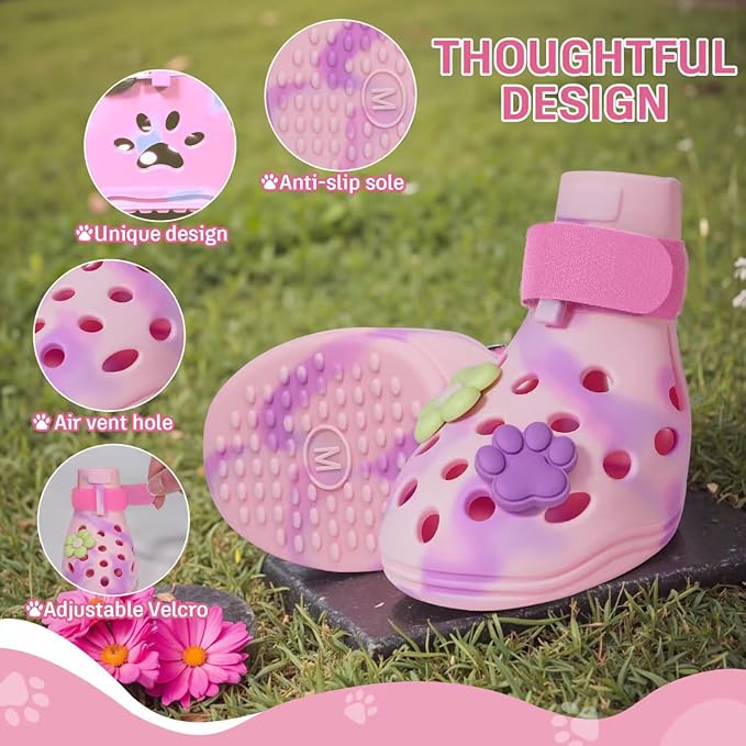 Dog Shoes for Hot Pavement, Adjustable Magic Tape Boots for Small, Medium & Large Dogs, Anti-Slip, Easy to Clean Paw Protectors for Beach, Outdoor & Hot Weather (Pink M)