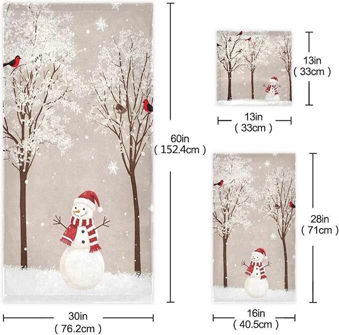 Pfrewn Winter Snowman Bird Tree Snow Towels Set of 3 Snowflakes Peach Christmas Bathroom Towel Soft Absorbent Bath Hand Towels Washcloth Guest Towel Sets Rustic Farmhouse Xmas Holiday Decor