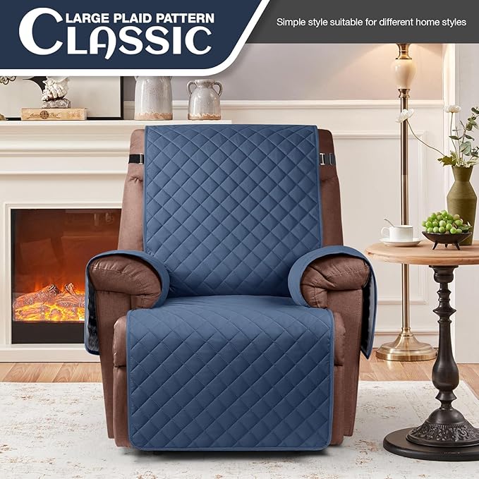 KinCam 100% Waterproof Recliner Chair Cover, Reclining Couch Covers for Pets, Dogs, Recliner Couch Slipcover Furniture Protector with Elastic Straps for Kids(30", Blue)