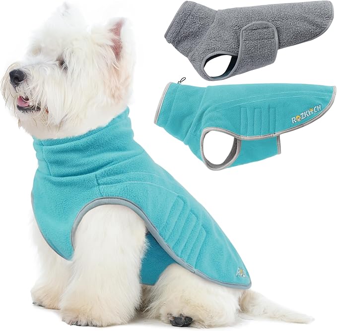 ROZKITCH Reversible Dog Coat Fleece Jacket, Adjustable Double-Sided Plush Sweatshirt Keep Pets Warm in Winter Hiking Climbing Walking Bluegreen L
