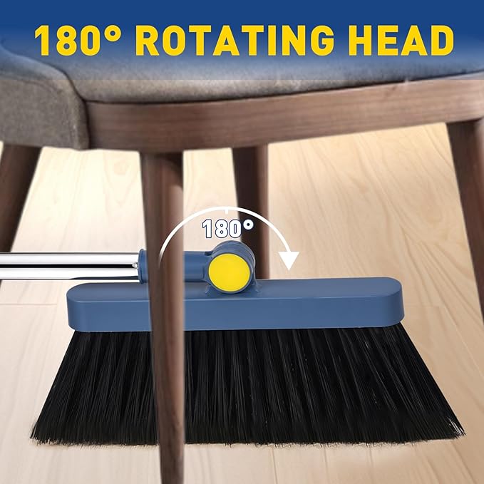 Broom with Dustpan Combo Set, 55" Long Adjustable Handle Broom and Dustpan Set Pet Hair Removal Broom with Dustpan Teeth to Clean Hair Suitable for Home Kitchen Office Hall Floor(Blue)