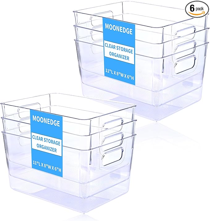 MOONEDGE Open Clear Plastic Storage Bins Stackable Organizer Containers with Handles for Kitchen, Pantry, Fridge, Cabinet, Closet Storage & Home Organization 6 Pack（11 x 8 x 6 in）