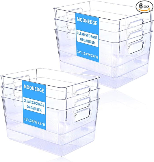 MOONEDGE Open Clear Plastic Storage Bins Stackable Organizer Containers with Handles for Kitchen, Pantry, Fridge, Cabinet, Closet Storage & Home Organization 6 Pack（11 x 8 x 6 in）