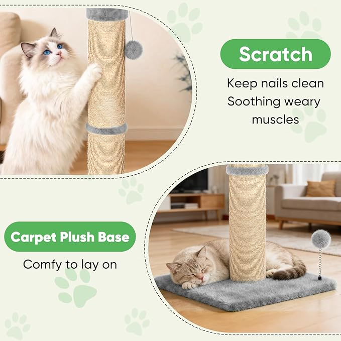 XiaZ Cat Scratching Post 34 Inches Tall, Cat Tower Scratcher Extra Wide 15.8" Stable Base with 2 Interactive Toy Balls, Premium Natural Sisal Pad for Small, Medium Large Cats (Light Gray, 4.5in)