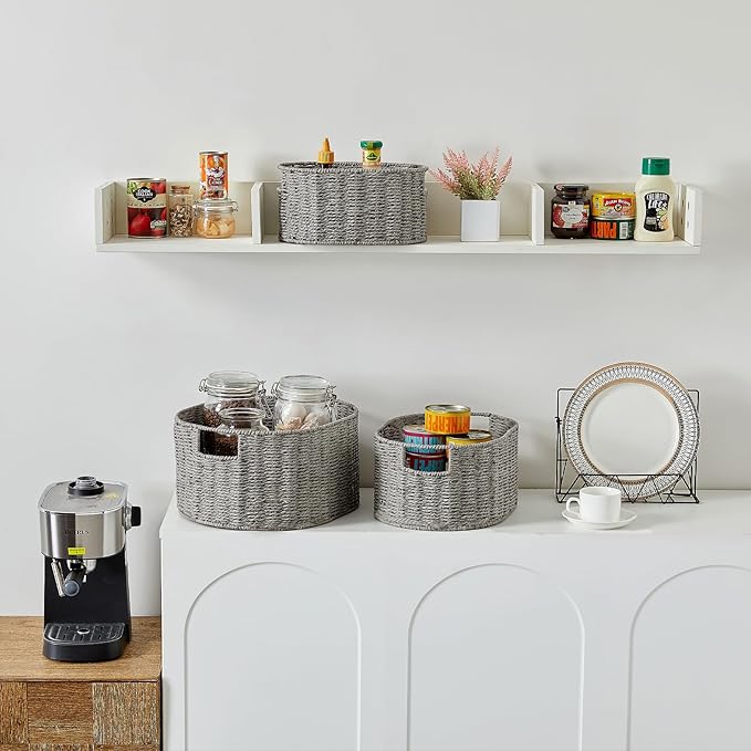 Vagusicc Wicker Storage Basket, Set of 3 Hand-woven Storage Baskets for Organizing, Round Large Wicker Baskets for Storage Decor, Pantry Storage Cubes Organization Baskets for Shelves, Grey
