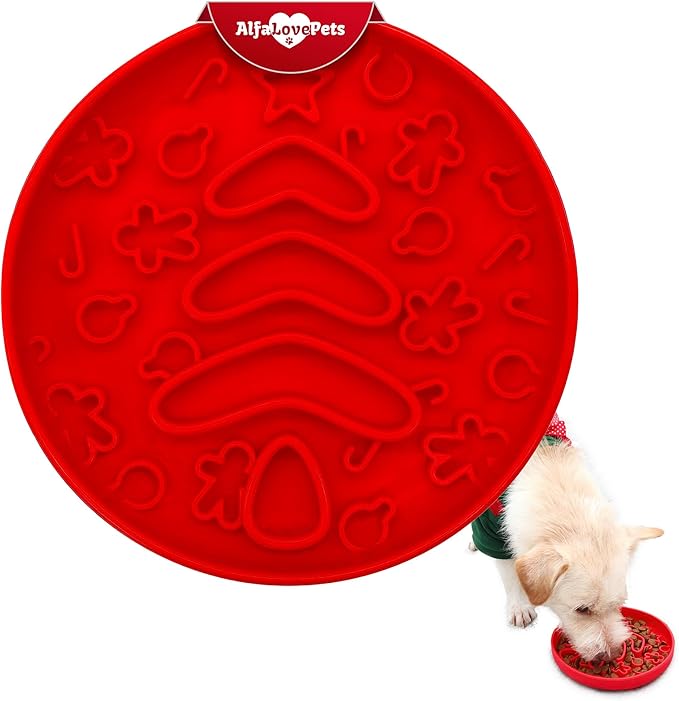 Slow Feeder Dog Bowls – Bowl with Christmas Design – Red Lick Mat for Dogs – Dog Food Bowl – Safe Silicone Material – for Dogs Using – Bowl Mat by Alfa Love Pets