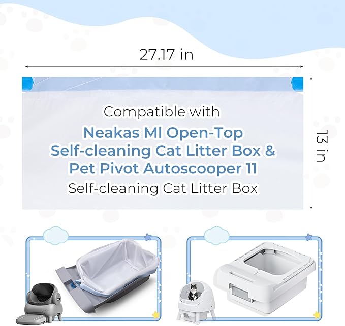 60 Pack Cat Litter Bags Liners for Neakas M1 and Pet Pivot Autoscooper 11 Open-Top Self-Cleaning Cat Litter Box, Heavy Duty 3 Mil Drawstring Leak-Proof Replaced Waste Bags, 27.17" x 13" (60)