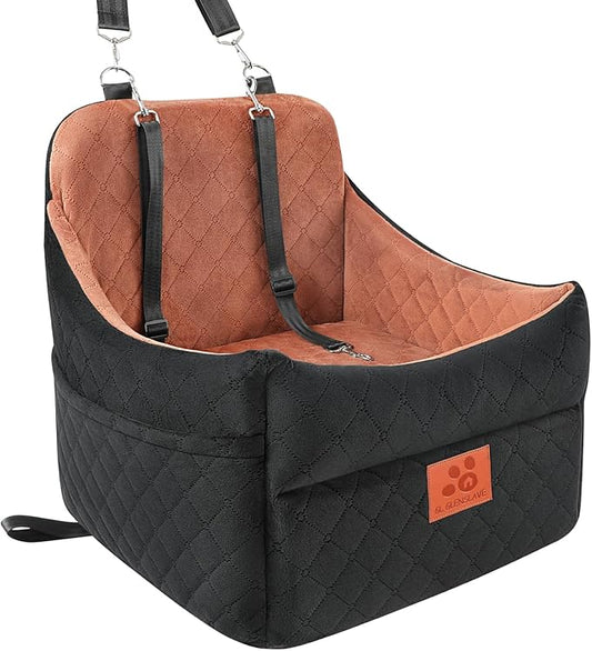 Dog Car Seat for Small/Medium Dogs, Dog Booster Car Seats with Thick Cushion for Dogs Under 35 lbs, Detachable Washable Pet Carseat with Storage Pockets, 2 Safety Belts(Black/Brown)