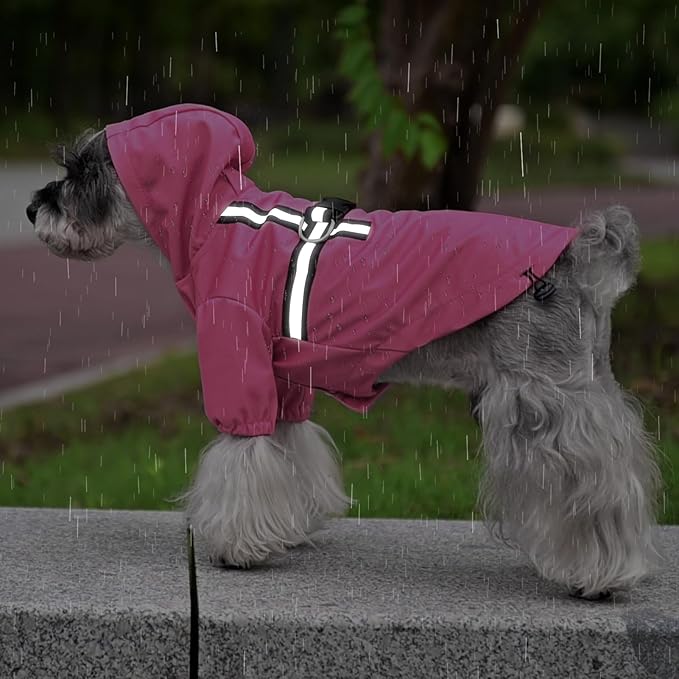PUPTECK Dog Raincoat with Hood & Harness Built-in, Waterproof Dog Rain Jacket Slicker Poncho Reflective Vest Clothes for Rainy Snowy Winter Cold Days, Fuschia S