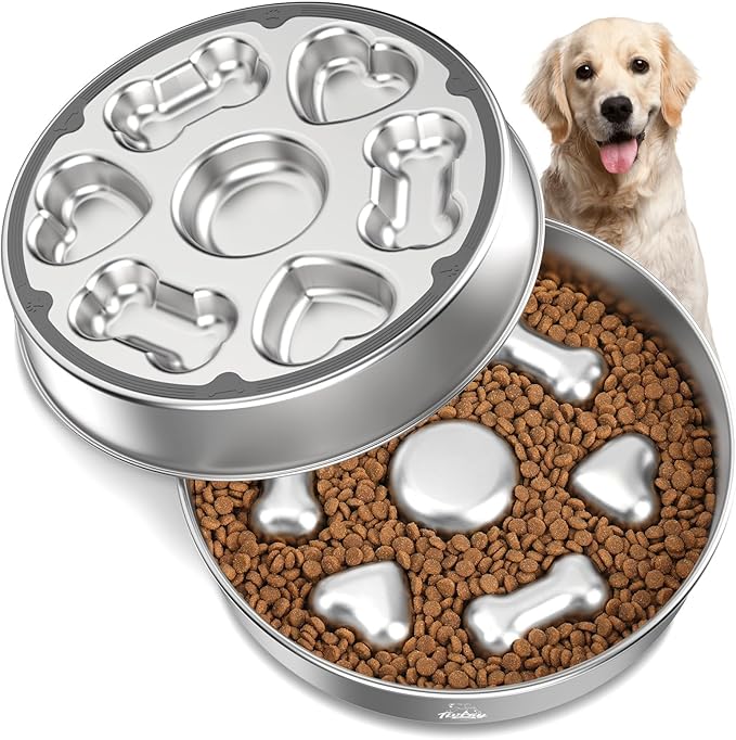 Slow Feeder Dog Bowls, 304 Stainless Steel Slow Feeder Bowl 5 Cups Metal Pet Food Bowl with Non-Slip Base for Medium & Large Breed, Bloat Stop, Dishwasher Safe