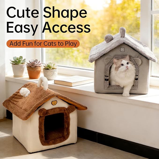 Lovely Cat Bed for Indoor Cats, Cartoon Pattern Cat Cave Bed with Handle Design, Soft Cat Hideaway Indoor Cat House for Kitten, Puppy & Small Pets (M)