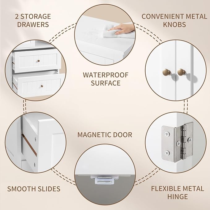 Karl home White Floor Storage Cabinet, Freestanding Storage Unit with 2 Drawers & 2 Doors, Thin Toilet Organizer for Small Spaces，for Entryway, Bathroom