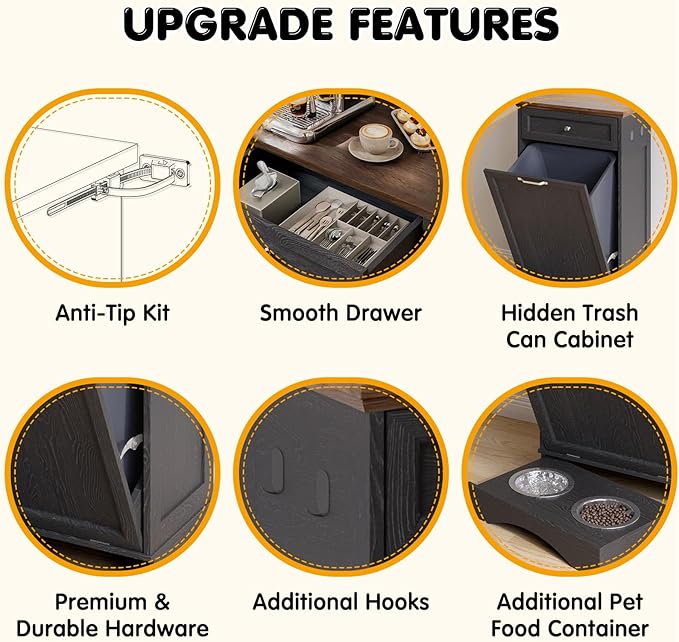 Tilt Out Trash Can Cabinet with Dog Bowl, 10 Gallons Dog Feeding Station with Storage, Dog Food Cabinet with Hideaway Drawer for Kitchen, Living Room,Laundry Room
