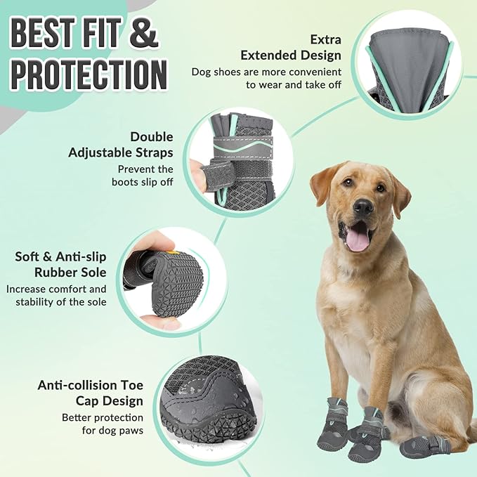 SlowTon Dog Shoes for Large Small Medium Dogs - Breathable Dog Boots for Summer Hot Pavement, Paw Protector for Outdoor Walking Winter Snow, Anti-Slip Rubber Dog Booties for Hardwood Floor (GY, 4)