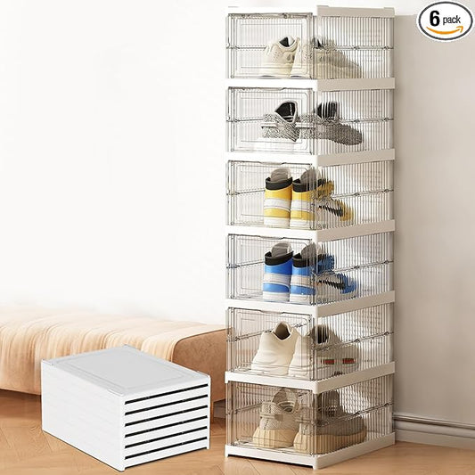 Drop Front Shoe Storage Box, No Assembly Stackable Shoe Organizer Storage Bin with Door, Free Standing Shoe Shelf Cabinet with Lid, Plastic Shoe Rack for Closet Entryway