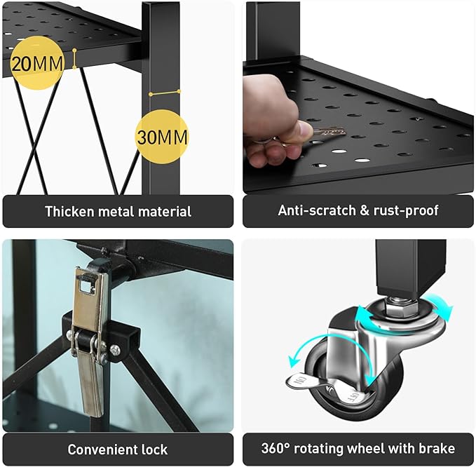Folding Shelf Foldable Shelves with Wheels - Folding Shelves No Assembly , Collapsible Shelf Unit Display, Kitchen Organizers and Storage, Pop Up Heavy Duty Rack , 4-Tier Black 28"D x 14"W x 49"H