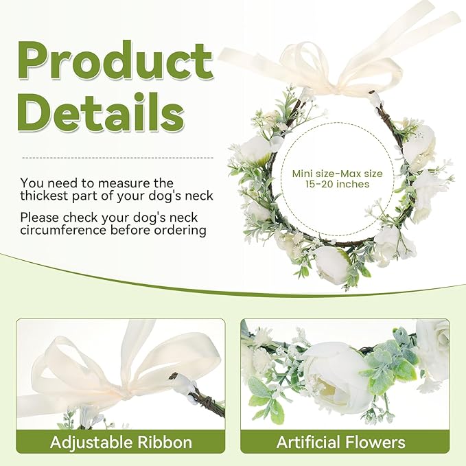 Dog Wedding Flower Collar with Pearls Beaded Leash,Elegant Dog Flower Headband,Dogs Wedding Attire Wreath Bow,Pet Photo Prop (Large)