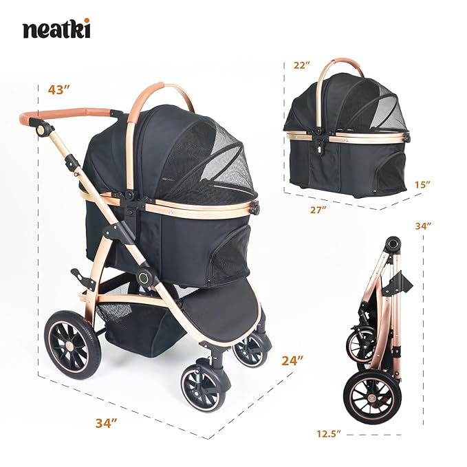 3 in 1 Pet Stroller for Small to Medium Dogs and Cats up to 55 lbs with Detachable Carrier/Car Seat, 34.44x24.21x 42.91, Foldable and Lightweight, Detachable Cushion + Cup Holder (Black/Gold)