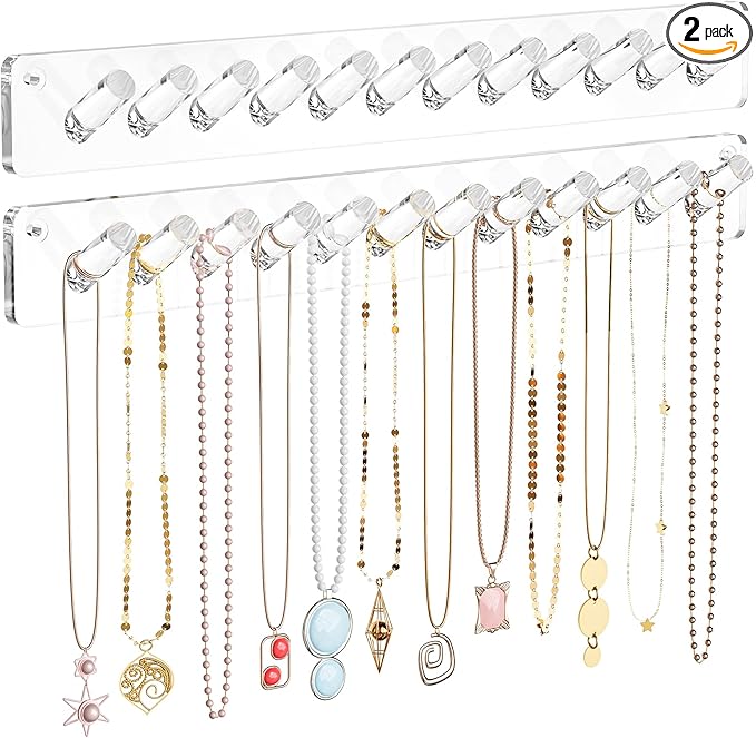MaxGear Necklace Holder Wall 2-Pack, Clear Acrylic Jewelry Organizer with 24 Hooks, Tangle-Free Display for Necklace, Bangles, Ring, Bracelet Storage, Perfect for Bathroom, Vanity, Closet Door