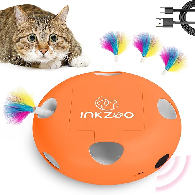 Cat Toys, Interactive Cat Toys for Indoor Cats, Ultra Fun Smart Interactive Kitten Toy, Automatic 7 Holes Mice Whack-A-Mole， USB Rechargeable, 4 Pieces Feather Refills (Orange)