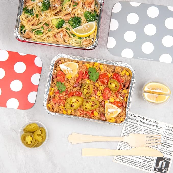 Restaurantware 16 Ounce Disposable Takeout Containers 50 Rectangle Food Containers - With Polka Dot Lids Silver Takeaway Containers Aluminum Delivery Containers Freezable