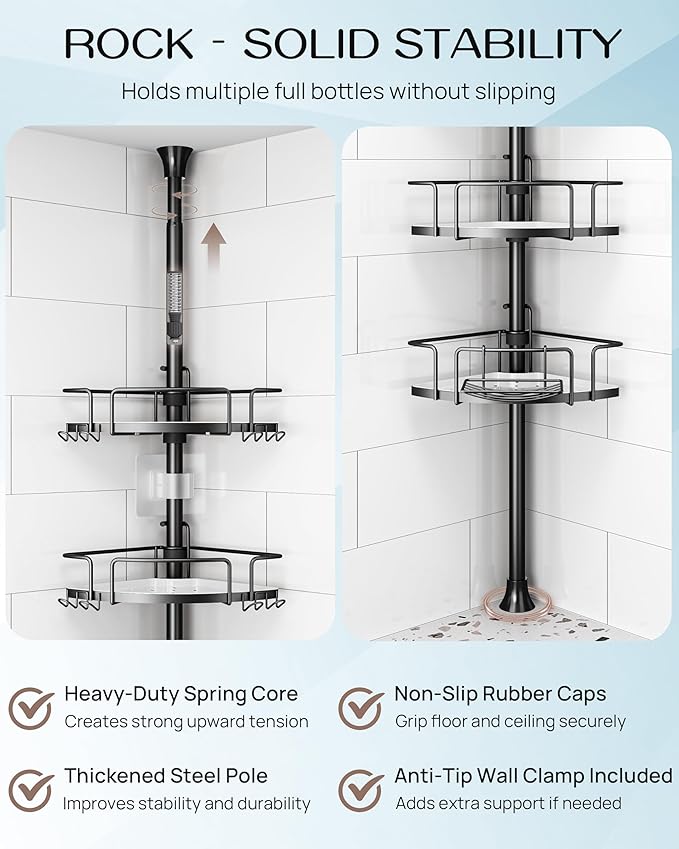ALLZONE Corner Shower Caddy Tension Pole, 4 Repositionable Hang-On Baskets with Mixed-Height Shelves for Various Bottle Sizes, 4 Dual Hooks & Soap Holder, Rustproof Stainless Steel, Fits 34–116 Inch