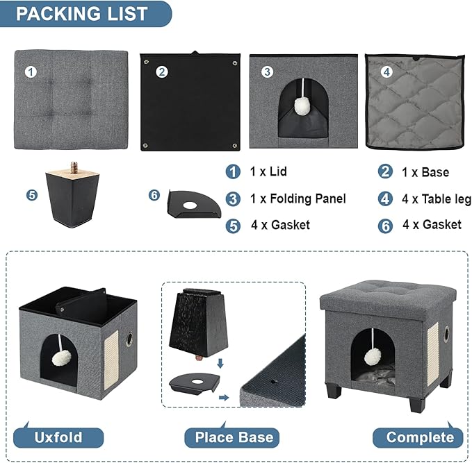 BRIAN & DANY Foldable Cat House, Cat Cave, Cat Cube with Scratch Board & Ball, 37.5 x 32.5 x 36 cm, Gray