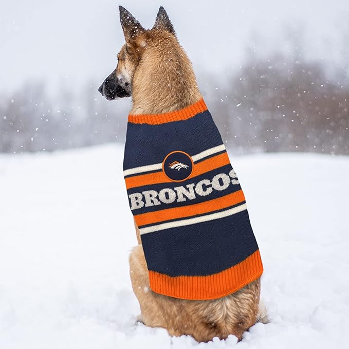 NFL Denver Broncos Dog Sweater, Size Large. Warm and Cozy Knit Pet Sweater with NFL Team Logo, Best Puppy Sweater for Large and Small Dogs
