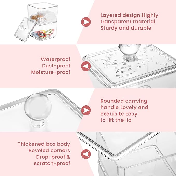 Hair Accessories Organizer for Girls, Clear 3 Stackable Acrylic Hair Tie Organizer for Headband, Bows, Cotton Swab Organization, Bathroom Containers Hair Clip Holder Storage with Lids