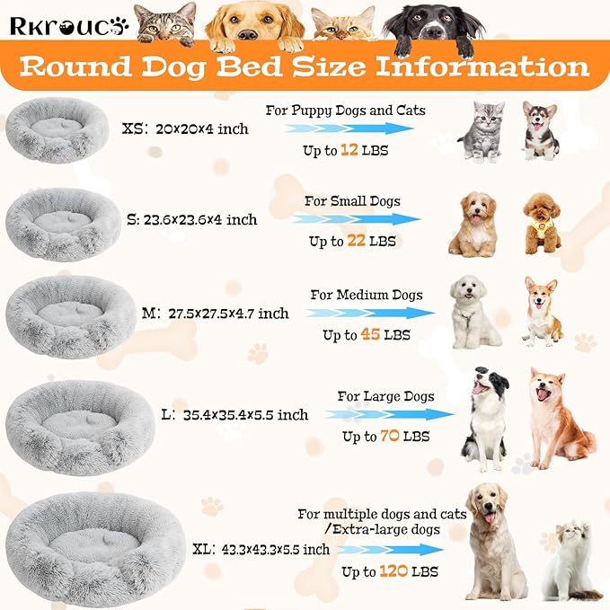 Fluffy Dog Bed Calming Donut Beds for Large Dogs Warming Round Small Medium Pet Nest Cozy Cat Mattress Indoor Washable Puppy Kennel Kittens Sleep Mat (M, 27.5×27.5 inch, Light Gray)
