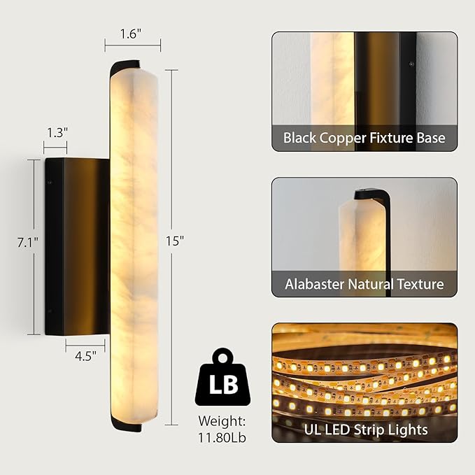 Alabaster Wall Sconces Set of Two, 15" Black Alabaster Sconce, Spanish Natural Marble Bathroom Vanity Sconces, Rectangle Modern Sconces Lighting for Bedroom Living Room Staircases Hallway