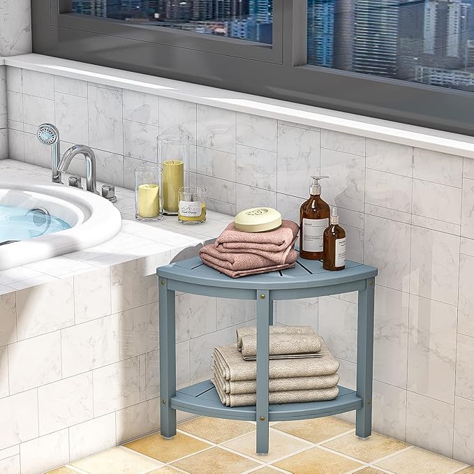 Bamboo Corner Shower Bench Waterproof Stool with Space-Efficient Storage Shelf - Shower Stool Seat for Indoor or Outdoor Use(Bluish Grey)
