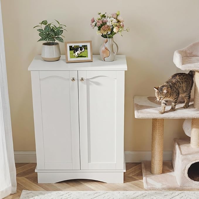 Hometis 23.5"(w) Dog Feeding Station with Storage, Dual Door Hung Storage, Hidden Feeding Bowls,(Off White)