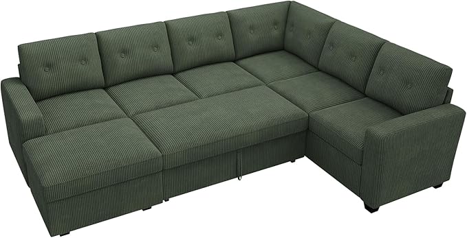 HONBAY 106.2 Inch U-Shaped Sectional Sleeper Sofa with Pull-Out Bed & Storage Ottoman, 7-Seater Sectional Sofa for Living Room, Pet-Resistant Corduroy Couch, Green
