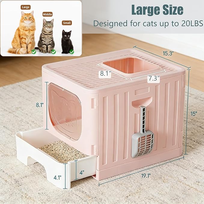 Cat Litter Box with Scoop, Large Foldable Litter Box with Lid & Drawer Tray, Top Entry Cat Litter Box, Odor Control, Easy to Clean for Small to Medium Cats (Pink, 19" L x 15.3" W x 15" H)