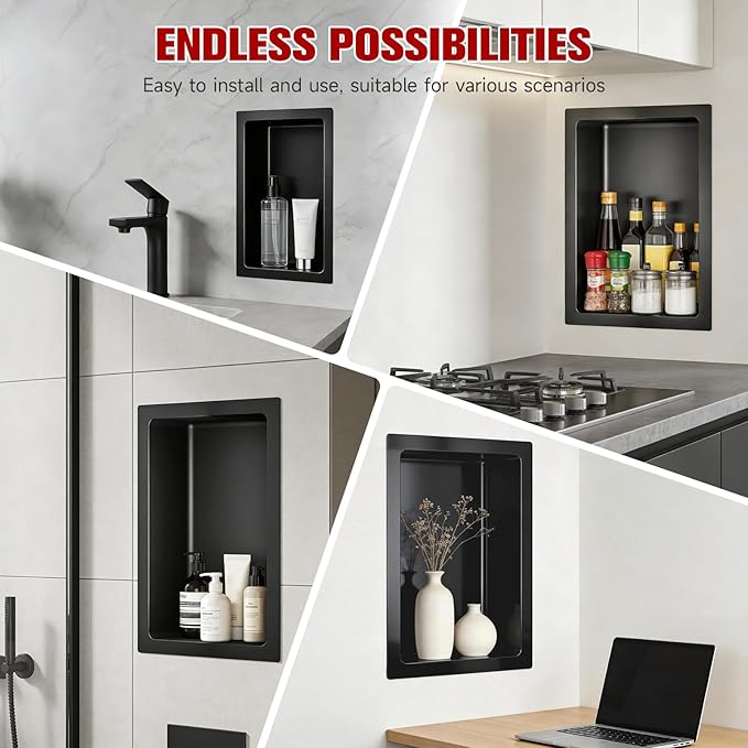 No Tile Needed Shower Niche 13"X 19", Bathroom Wall Niche Single Shelf, Stainless Steel Shower Niche for Bathroom, Kitchens, Balconies